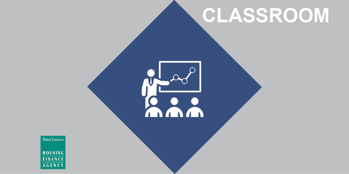 Navy diamond in gray square with classroom graphic in center