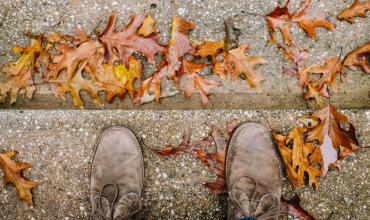 Shoes on stairs with leaves