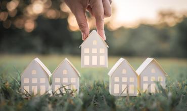 Five little houses on a lawn