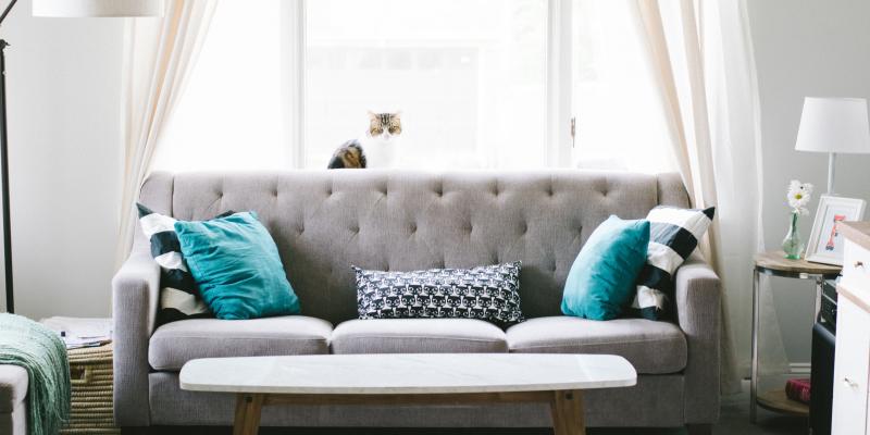 a gray couch with turquoise pillows 