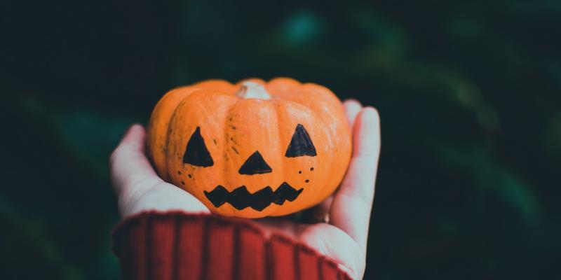 A hand holding a mini pumpkin